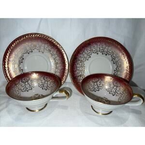 Bavaria Germany Pink Gold Floral Design Tea Cup & Saucer Set Of Two